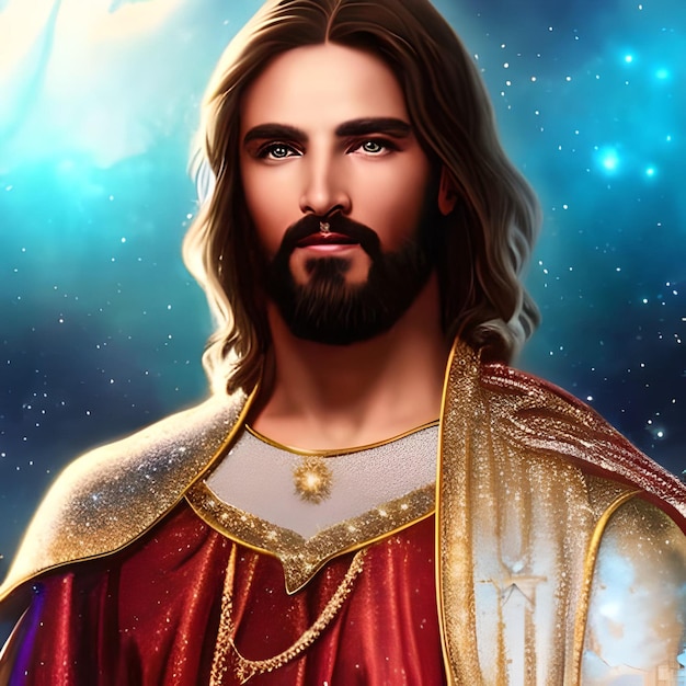 A digital painting of jesus with a star in the background.
