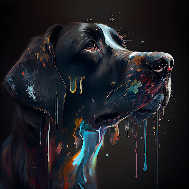 Digital painting of a labrador retriever head with colorful paint splashes