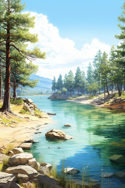 Digital painting of a lake in the middle of a coniferous forest