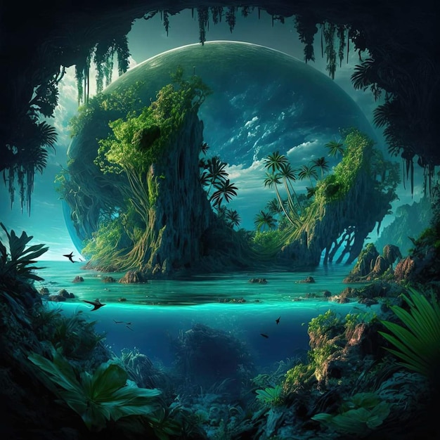 A digital painting of a lake surrounded by trees and plants.