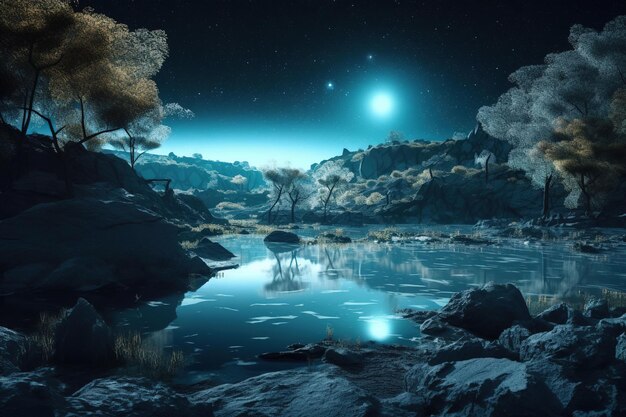 A digital painting of a lake with a blue sky and the moon.