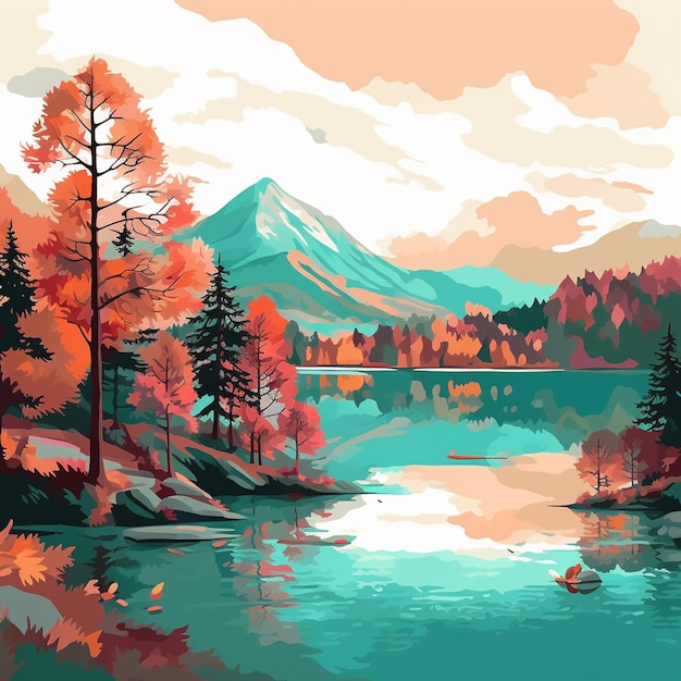 A digital painting of a lake with a mountain in the background.