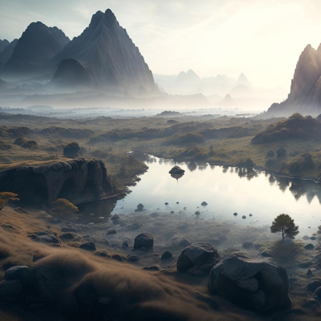 Цифровая картина озера с горами на заднем плане.