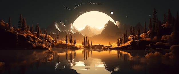 A digital painting of a lake with mountains and a moon.