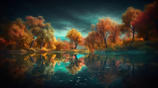 A digital painting of a lake with trees and the sky is cloudy