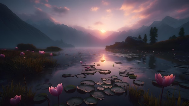 A digital painting of a lake with water lilies in the foreground and mountains in the background.