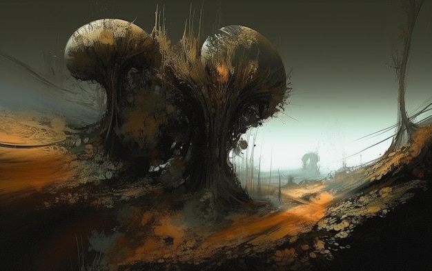 A digital painting of a landscape with a large mushroom on the ground.