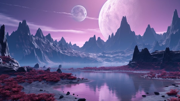Photo a digital painting of a landscape with mountains and a moon