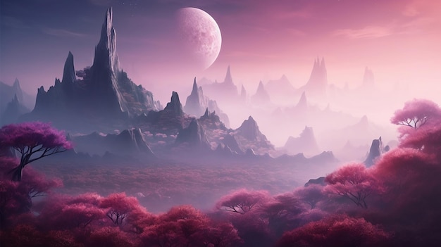 Photo a digital painting of a landscape with a pink moon in the background