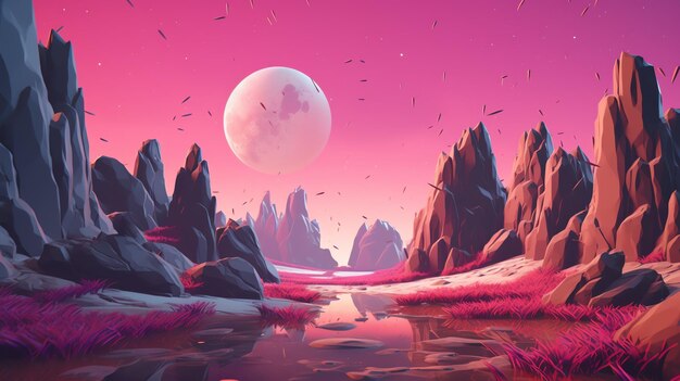 月を背景に岩と川のある風景を描いたデジタル絵画。