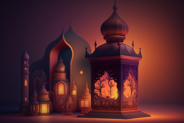 A digital painting of a lantern with a background of lights.