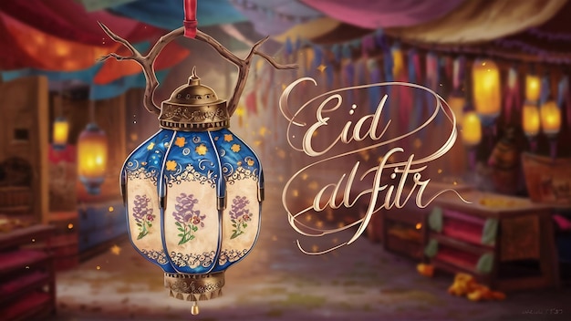A digital painting of a lantern with the words eid al fitr on it