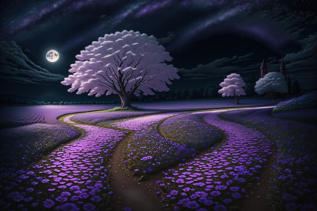 A digital painting of a lavender field with a purple flower and the moon in the background.