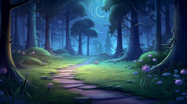 A digital painting of a magical forest