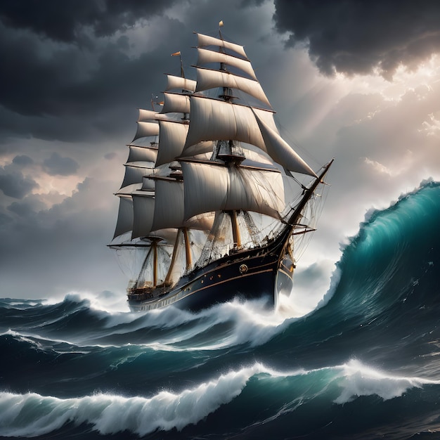 Foto pittura digitale di una maestosa nave che naviga in mezzo a un mare aperto turbolento e ondulato