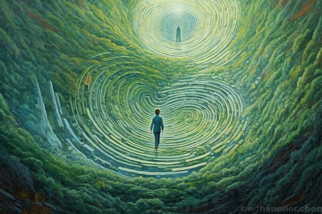 Digital painting of a man in the middle of a tunnel of green plants