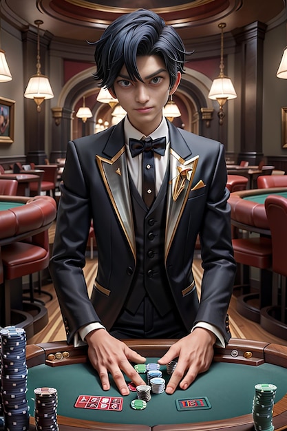a digital painting of a man in a suit and tie with a card in the background.