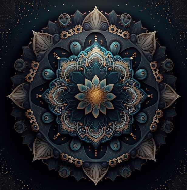 A digital painting of a mandala with gold and blue colors.