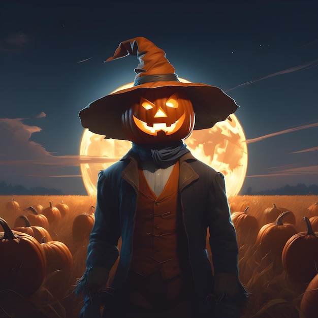 a digital painting of a mischievous pumpkin headed scarecrow