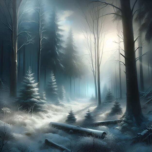 Photo digital painting of a misty snowy winter forest