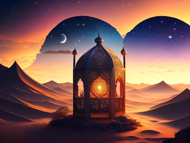 A digital painting of a mosque in the desert with a moon and stars.