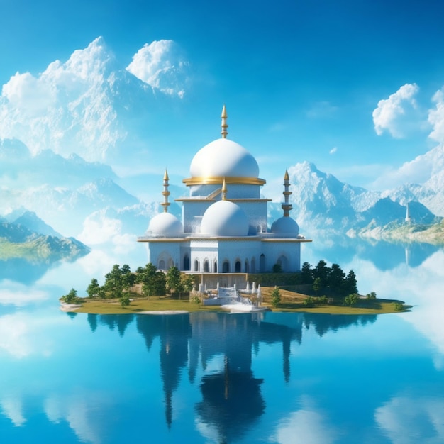 A digital painting of a mosque in a lake with mountains in the background