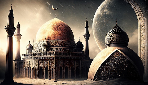 A digital painting of a mosque and a moon