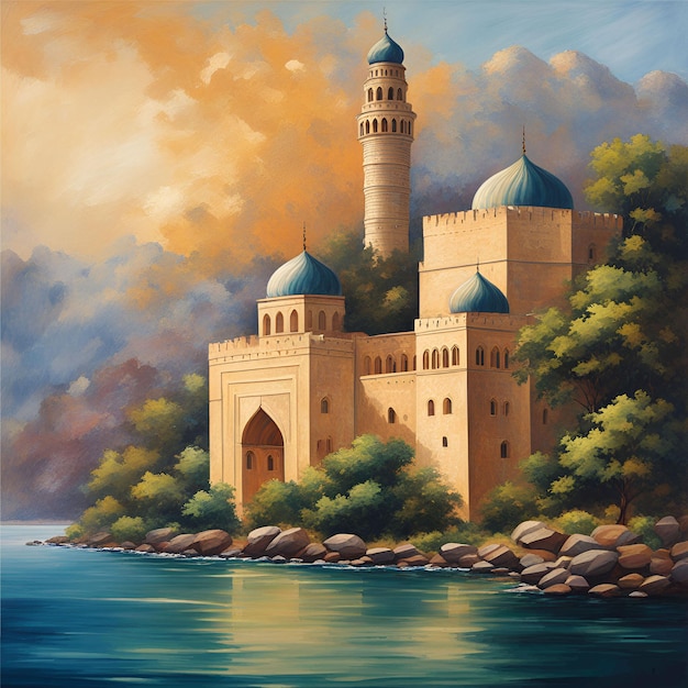Digital painting of a mosque settled at the base of a tower