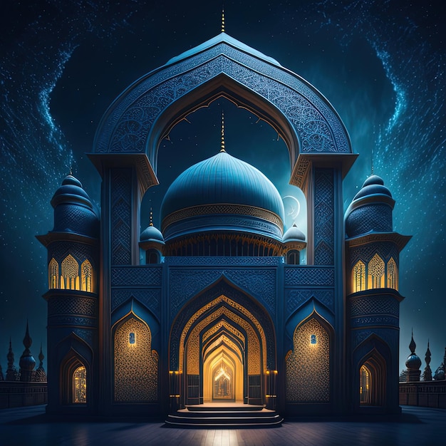 Цифровая картина мечети с голубым куполом и луной на заднем плане.