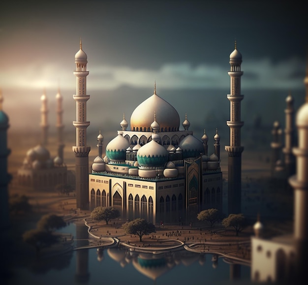 A digital painting of a mosque with a blue dome and the word taj on the top.