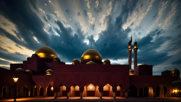 흐린 하늘을 배경으로 한 모스크의 디지털 그림.