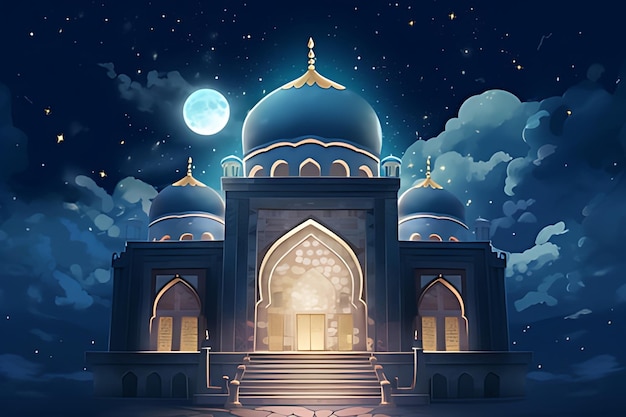 A digital painting of a mosque with a full moon in the background.