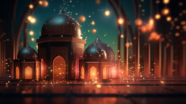 A digital painting of a mosque with lights and a lantern in the background.