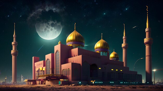 A digital painting of a mosque with the moon in the background.