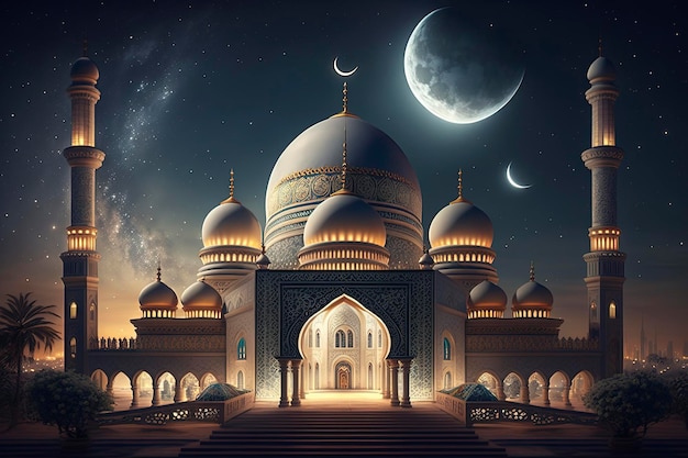 A digital painting of a mosque with a moon in the background