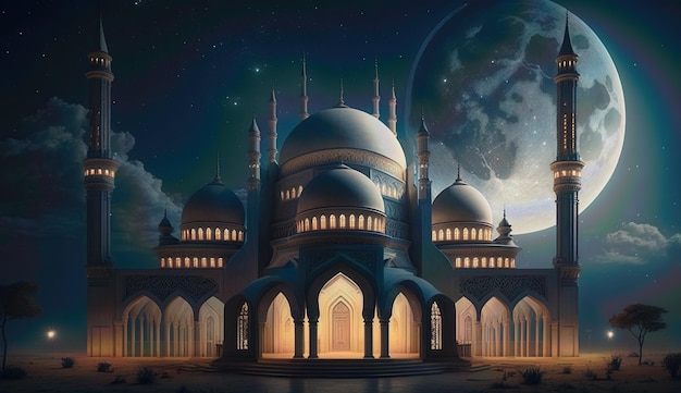 A digital painting of a mosque with a moon and stars in the background.