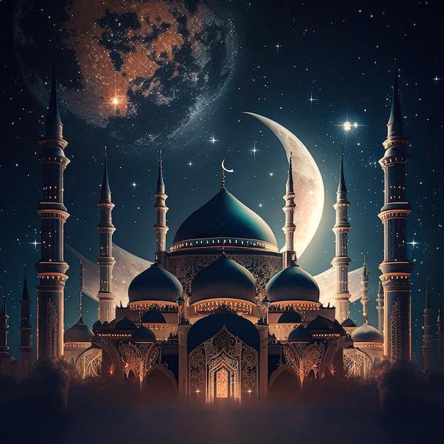 배경에 달과 별이 있는 모스크의 디지털 그림.