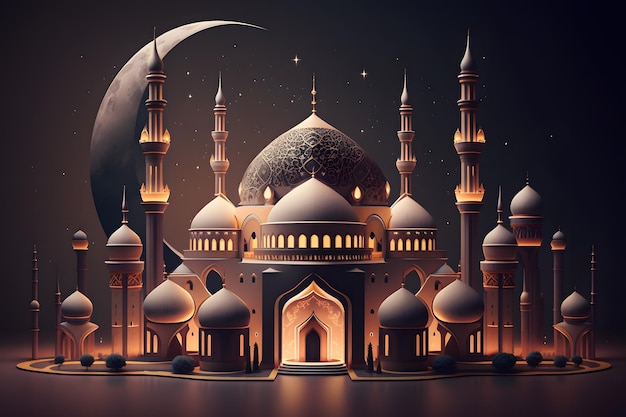 A digital painting of a mosque with a moon and stars.