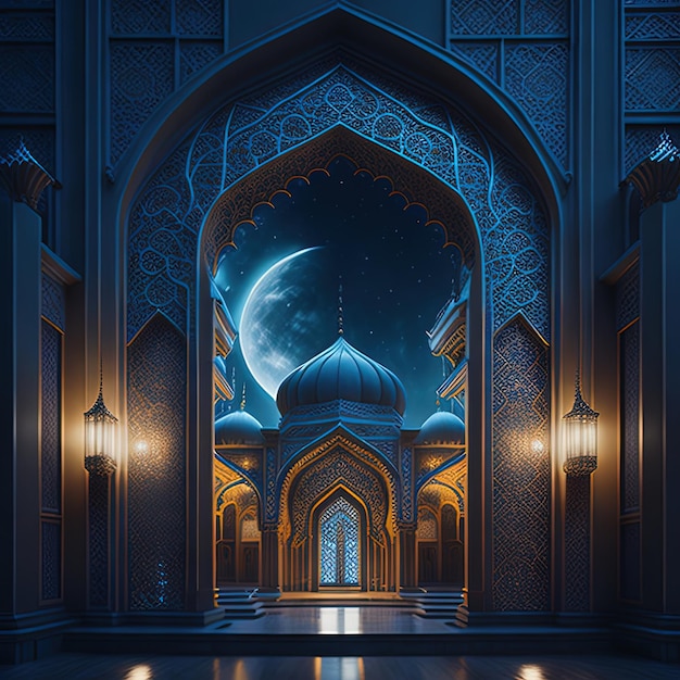 A digital painting of a mosque with a moon and stars