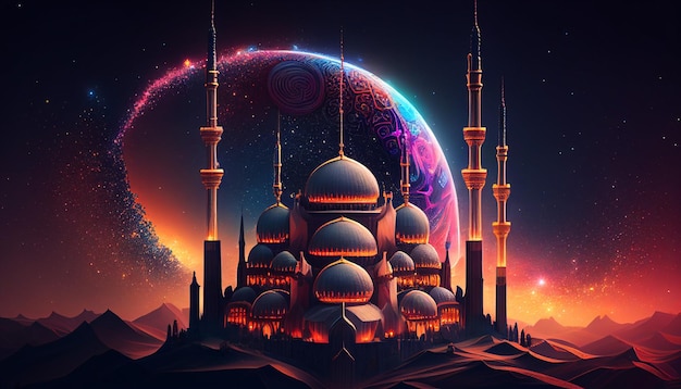 A digital painting of a mosque with a planet in the background.