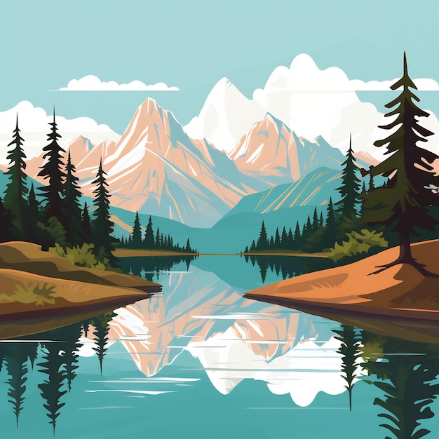 a digital painting of a mountain lake and trees