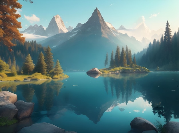 a digital painting of a mountain lake with a lake and mountains in the background.