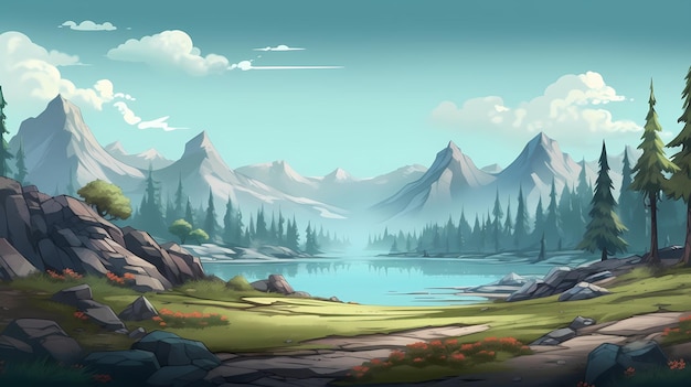 A digital painting of a mountain lake with a mountain in the background.