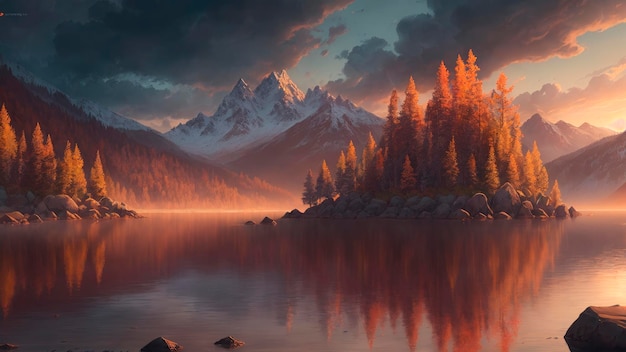 A digital painting of a mountain lake with a mountain in the background