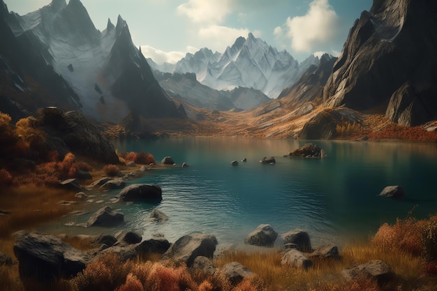 A digital painting of a mountain lake with a mountain in the background.