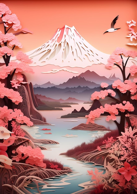 A digital painting of a mountain lake with a pink background