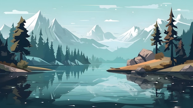 A digital painting of a mountain lake with a tree on the shore.