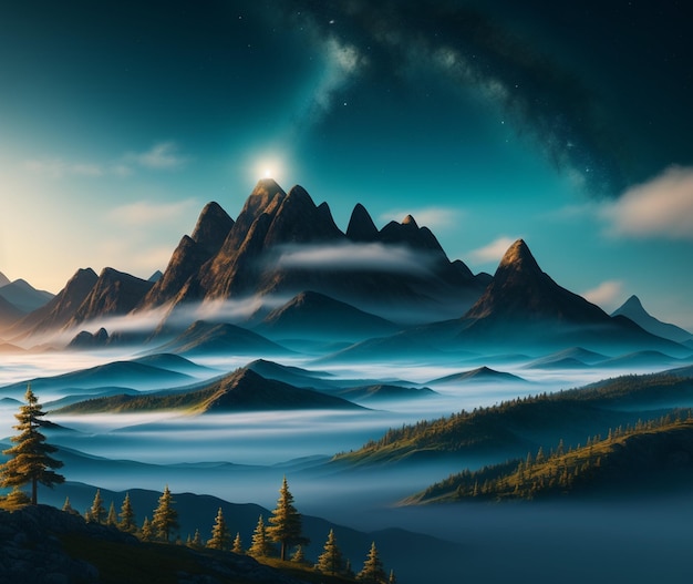 A digital painting of a mountain landscape with a blue sky and a starry sky.