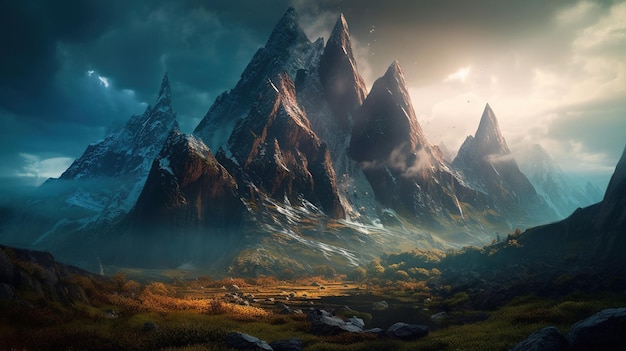 Цифровая картина горного пейзажа с облачным небом и небольшим ручьем.