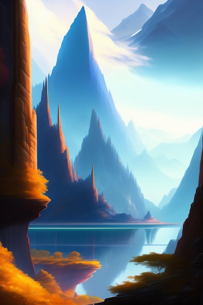 A digital painting of a mountain landscape with a lake in the foreground